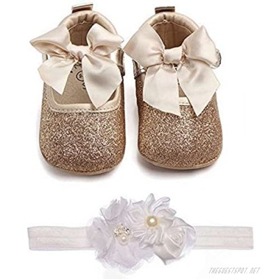 Lidiano Baby Girls Bowknot Sequins Bling Anti-Slip Mary Jane Flat Crib Shoes with Headband