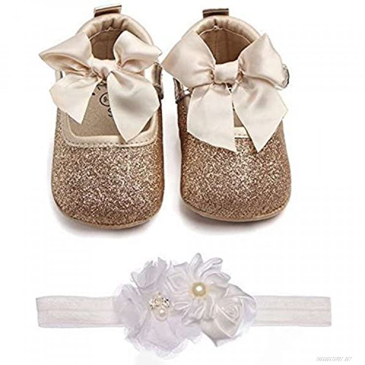 Lidiano Baby Girls Bowknot Sequins Bling Anti-Slip Mary Jane Flat Crib Shoes with Headband