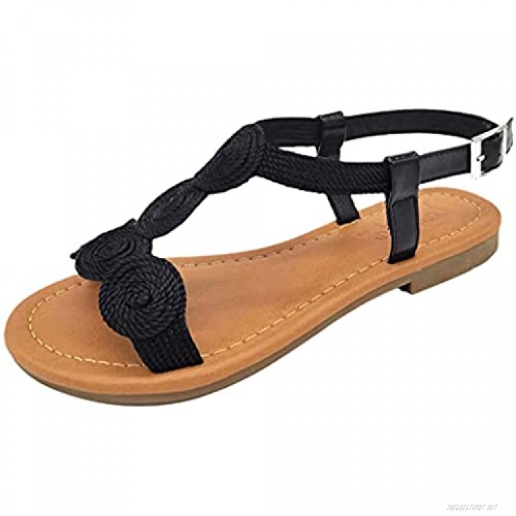 SAMRITA Women’s Braided Ankle T-Strap Sandals Summer Casual Style Flat Sandals