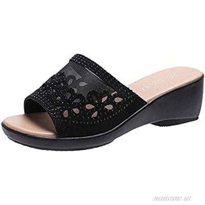 Women's Wedge Sandals Fish Mouth Peep-Toe Rhinestone Heeled Sandal Roman Style Hollow Zipper Slip-Ons Shoes