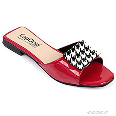 Capone Outfitters Women's Sandals Red Houndstooth Detail Flat Slide Sandal Casual