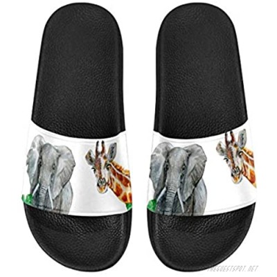 INTERESTPRINT Women's Bath Slippers Slide Sandals Outdoor Beach Pool Sandals US6~US12 Watercolor Elephant Giraffe