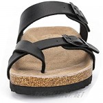 LANCDON Ladies Leather Flat Cork Slides Sandals for Women with Adjustable Strap Buckle Toe Slippers size 6-11