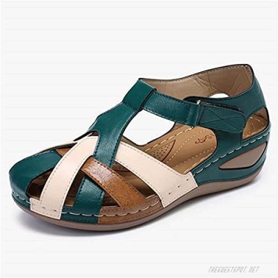 Retro Wedge Sandals for Women Casual Summer Color Matching Strappy Closed Toe Slip-On Outdoor Travel Beach Comfy Chunky Shoes