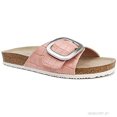 Sugar Womens Slide Sandals - Slip-on Flat Sandals for Women - Open Toe Slipper Sandal with Wide Buckled Vamp Strap