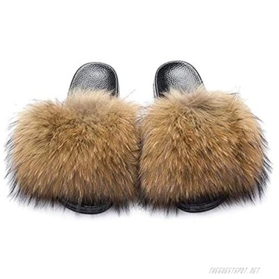 Womens Real Raccon Fur Slides Summer Fur Slippers Open Toe Single Strap Slip On Sandals Flats