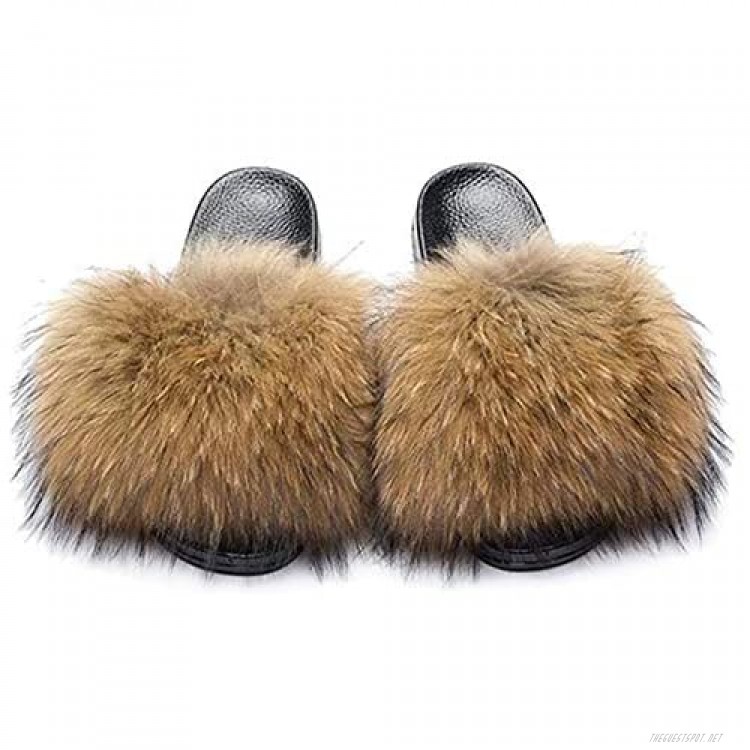Womens Real Raccon Fur Slides Summer Fur Slippers Open Toe Single Strap Slip On Sandals Flats