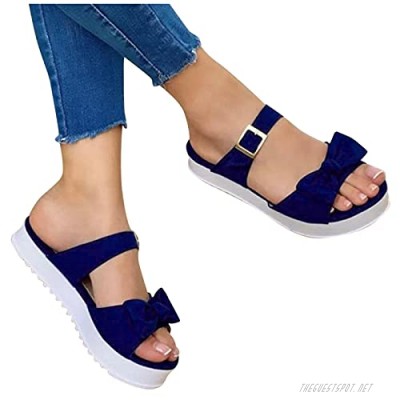 Womens Summer Bow Sandals Flat Sandals Slides Open Toe Beach Leisure Slippers Faux Suede Platform Slipper Sandals Outdoor Indoor Shoes (10 Blue)