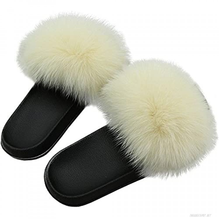 Yu He Women Real Fox Fur Feather Vegan Leather Open Toe Single Strap Slip On Sandals
