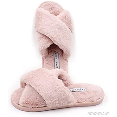 Faynonne Women's Cross Band Slippers Soft Plush Furry Cozy Open Toe House Shoes Indoor Outdoor Slipper Faux Fur Warm Comfy Slip On Breathable