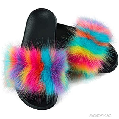 Fur Slides for Women Fuzzy Slides Sandals House Fuzzy Fluffy Slippers Soft Flat for Indoor Outdoor Feather Slip On