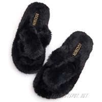 ROCIWIN Women's Cross Band Slippers Soft Plush Furry Cozy Open Toe House Shoes Indoor Outdoor Warm Comfy Slip On Breathable