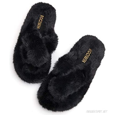 ROCIWIN Women's Cross Band Slippers Soft Plush Furry Cozy Open Toe House Shoes Indoor Outdoor Warm Comfy Slip On Breathable