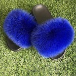 Tinpia Women's Slides Summer Slippers Real Fox Fur Royal Blue Sandals Indoor Outdoor Slides Shoes