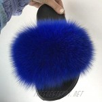 Tinpia Women's Slides Summer Slippers Real Fox Fur Royal Blue Sandals Indoor Outdoor Slides Shoes