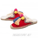 U-lite Women's Comfort Red Tassel & Fluffy Ball Embellishment Canvas Mule Shoes Espadrilles
