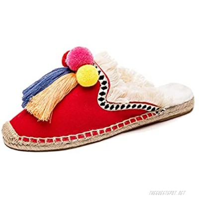 U-lite Women's Comfort Red Tassel & Fluffy Ball Embellishment Canvas Mule Shoes Espadrilles