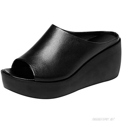 ANUFER Women's Peep Toe Mules Platform Wedge Heel Genuine Leather Summer Hollowed Slippers