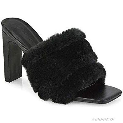 Kino London Womens High Heel Faux Fur Mule Shoes Ladies Slip On Peep Toe Slider Sandals