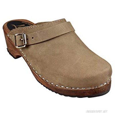 Lotta From Stockholm Swedish Classic Clog with Strap in Taupe Oiled Nubuck with Brown Sole