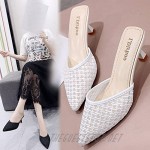 Women's Mesh Closed Pointed Toe Heeled Mules Sexy Kitten Mid Heel Slip On Dress Pumps Backless Party Slide Sandal