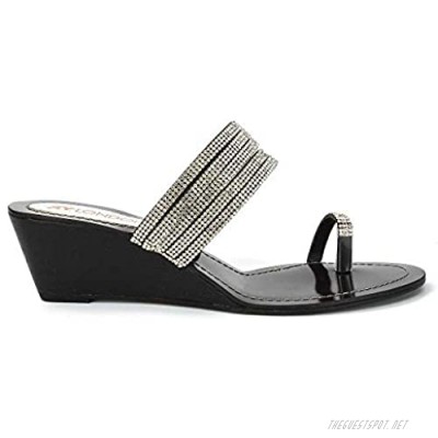 Womens Wedge Heel Toe Post Sandals Ladies Rhinestone Summer Holiday Mule Shoes Size