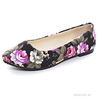 TN TANGNEST Women's Casual Rose Print Floral Flat Shoes Slip On Soft Ballet Flats Black 39(7)