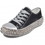 JITUUE Women’s Sexy Leopard Printing High Top Canvas Sneaker Rhinestone Shiny Lace-up Flat Shoes Rivets Embellished Flats Shiny Platform Leisure Low Sneakers