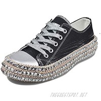 JITUUE Women’s Sexy Leopard Printing High Top Canvas Sneaker Rhinestone Shiny Lace-up Flat Shoes Rivets Embellished Flats Shiny Platform Leisure Low Sneakers