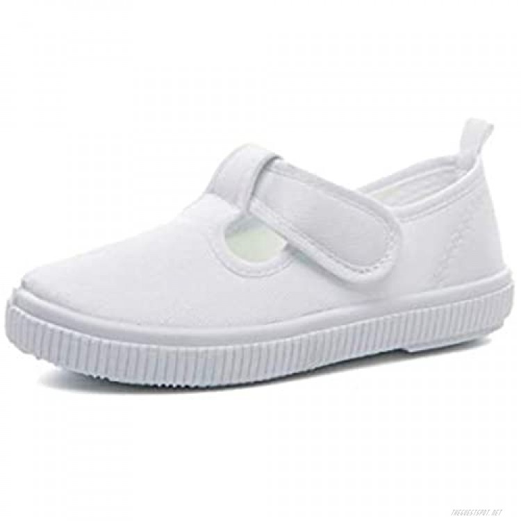 Je-Gou Boy's Girl's T-Strap White Canvas Sneakers(Toddler/Little Kid)