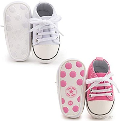Meckior Newborn Infant Baby Girls Boys 2 Pairs Canvas Sneakers Soft Anti-Slip Sole High-Top Ankle Unisex Toddler First Walking Shoes