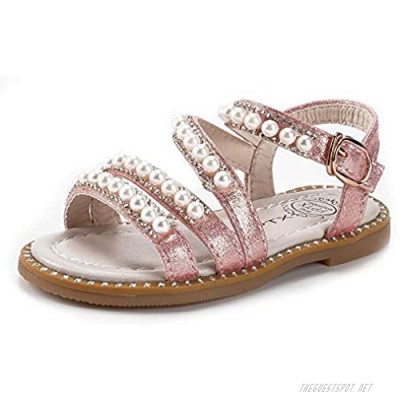 KIDSUN Girls Flats Sandals Flower Summer Shoes Open Toe Ankle Strap Pearl Sandals for Kids (Toddler/Little Kid)
