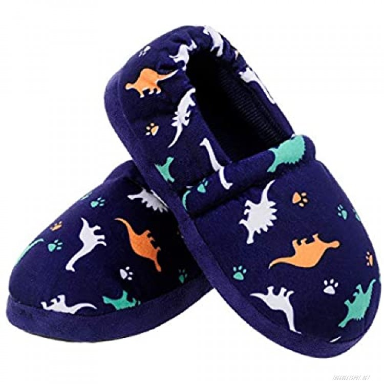 MIXIN Little Kids Boys Indoor House Slip-on Slippers Soft Warm Memory Foam Dark Blue Dinosaur